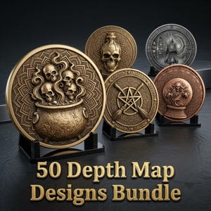 Puede incluir: Una colección de cinco medallones circulares con intrincados diseños en relieve, incluyendo un caldero con calaveras, una calavera con una botella, un pentagrama con escobas, una bola de cristal y una figura encapuchada. El texto dice 50 Depth Map Designs Bundle.