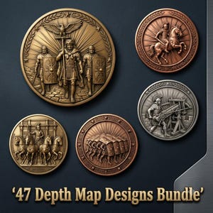 May include: Five circular medallions featuring relief designs of Roman soldiers, including a central figure with an eagle standard, a mounted rider, a soldier operating a ballista, a chariot, and a testudo formation. Text reads 47 Depth Map Designs Bundle.