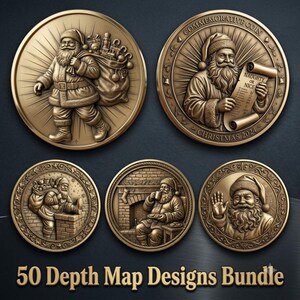 May include: A collection of five circular bronze-toned medallions featuring embossed Santa Claus imagery, including scenes of Santa walking with a toy sack, holding a Naughty or Nice list, climbing a chimney, sitting by a fireplace, and waving. Text reads 50 Depth Map Designs Bundle.