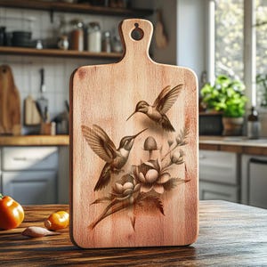 May include: A wooden chopping board with a laser-etched design of two hummingbirds perched on a flower. The hummingbirds are in black and white, and the flower is in shades of grey.