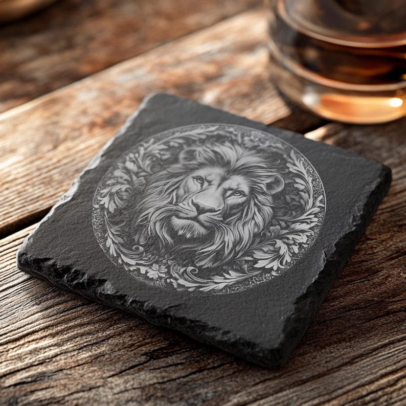 Plik do grawerowania laserowego Wild Lion, iluzja 3D PNG dla podstawki z łupka, projektu Lightburn i Glowforge zdjęcie 2