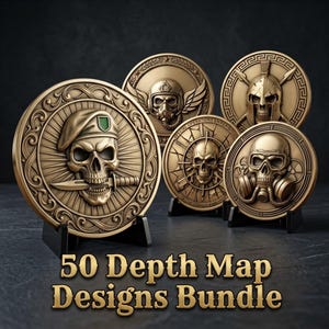 Könnte beinhalten: Fünf kreisförmige bronzefarbene Medaillons mit geprägten Totenkopfmotiven, darunter ein Totenkopf mit Barett und Messer, ein Pilot, ein spartanischer Helm und Gasmasken. Der Text 50 Depth Map Designs Bundle steht in goldener Schrift unter den Münzen.