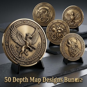 Puede incluir: Cinco medallones circulares en tonos bronce sobre soportes negros. La moneda más grande muestra un grifo, mientras que las otras representan un dragón, un fénix, un pulpo con un barco y un lobo aullando. Texto: 50 Depth Map Designs Bundle.
