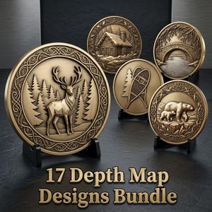 May include: A collection of five circular bronze-toned medallions displayed on black stands, featuring relief carvings of a deer, a log cabin, a stone bridge, snowshoes, and a polar bear with cub, with the text 17 Depth Map Designs Bundle.