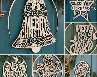 Weihnachten SVG Bundle Laser geschnitten Datei, Frohe Weihnachten Türschild, Weihnachten rund Urlaub Zeichen Digitaler Download