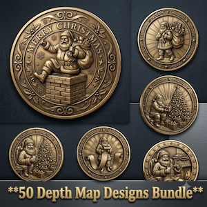 May include: A collection of six circular bronze-toned relief medallions featuring Santa Claus in various holiday scenes, including sitting on a chimney, carrying a sack, and decorating a tree. The largest medallion displays the text Merry Christmas.