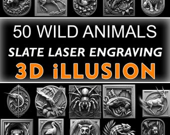 Op de afbeelding: Een verzameling van 50 wilde dierenontwerpen, gelaserd in leisteen tegels, waardoor een 3D-illusie-effect ontstaat. De ontwerpen omvatten een verscheidenheid aan dieren, zoals een hert, een eekhoorn, een kolibrie, een leeuw, een spin, een kameleon en een lemur.