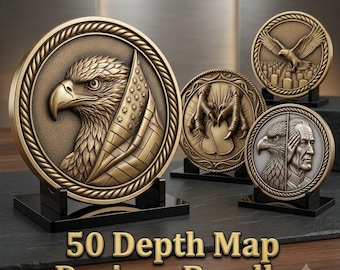 Peut inclure: Quatre médaillons circulaires aux tons bronze présentés sur des supports noirs. Le plus grand montre le profil d'un aigle avec un motif de drapeau. Les autres présentent des serres d'aigle avec des plaques d'identité, un aigle en vol et un portrait divisé aigle-humain. Texte : 50 Depth Map Designs Bundle.
