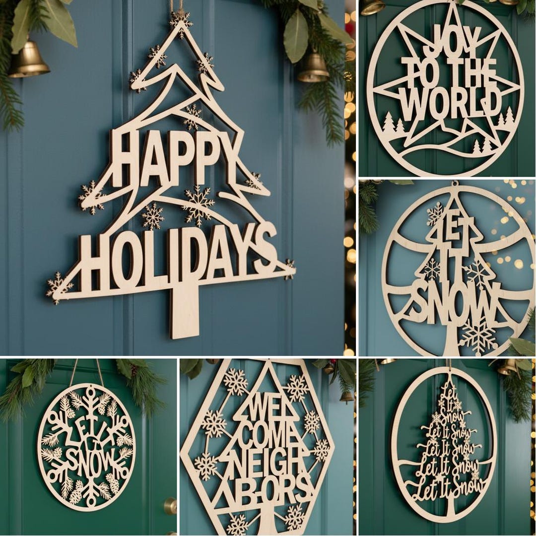 Christmas Door Hanger SVG Bundle, 6 Round Sign Laser Cut Files ...
