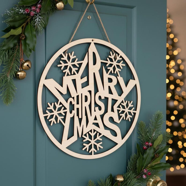 Merry Christmas Sign SVG, Round Door Hanger, Christmas Laser Cut File ...