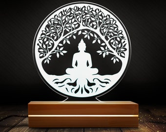 Buddha under Tree Acrylic RGB LED Night Light with Wooden Base, 16 colors and 4 flashing modes, with Remote Control