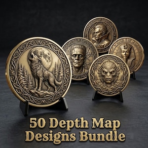 Puede incluir: Una colección de cinco medallones circulares en tonos bronce expuestos sobre pequeños soportes negros. Cada medallón presenta un diseño en relieve distinto, incluyendo un lobo aullando a la luna, un monstruo, un vampiro, un faraón y una criatura marina.