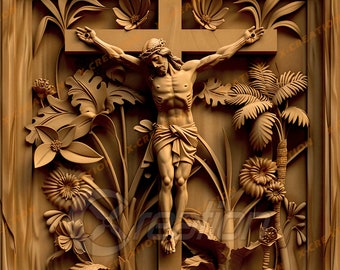 May include: A wooden carving of a figure on a cross surrounded by carved flowers and leaves. The figure is depicted with a crown of thorns and a loincloth.