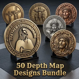 Peut inclure: Une collection de six médaillons métalliques circulaires présentant des images religieuses de Jésus, incluant des scènes de crucifixion et des portraits avec des couronnes d'épines. Le texte 50 Depth Map Designs Bundle est affiché en bas.