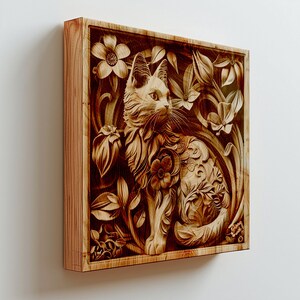 May include: A wooden carving of a cat sitting in a garden with flowers. The cat is carved in detail, with fur, whiskers, and eyes. The flowers are also carved in detail, with petals and leaves.