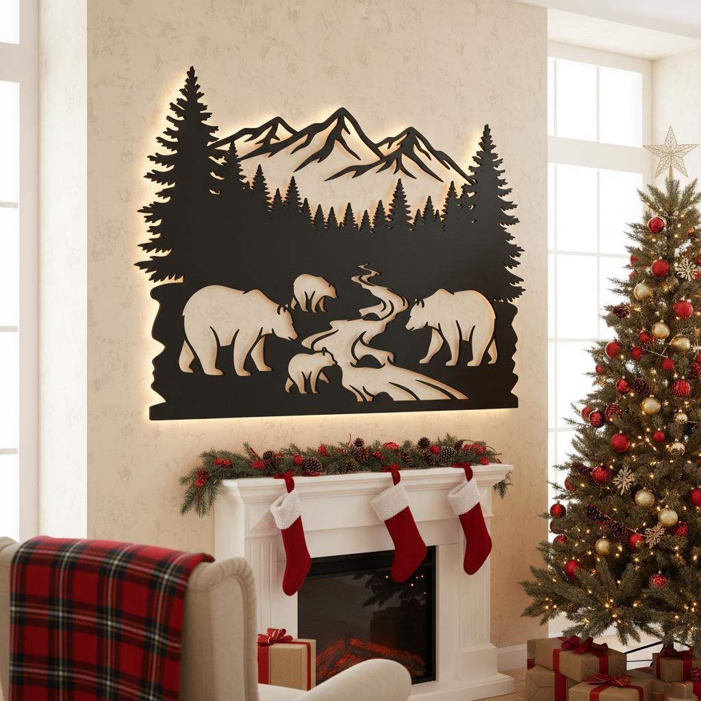 ing wall plaque クリスマス Christmas Bear Monogram SVG, Mountain Wall Art Laser Cut File