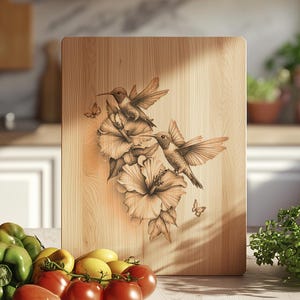 May include: A wooden cutting board with a brown and black design of two hummingbirds and hibiscus flowers.