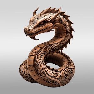 May include: A detailed wooden sculpture of a dragon in a coiled pose. The dragon features intricate carvings, including patterns on its head, body, and tail. The sculpture is a warm brown color, with visible text on the body.