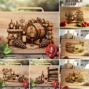May include: Wooden cutting board with a handle, featuring a detailed engraving of a wine scene. The design includes a wine barrel, bottles, grapes, and a wine glass. A tomato and grapes are in the foreground. The board is made of light-colored wood.
