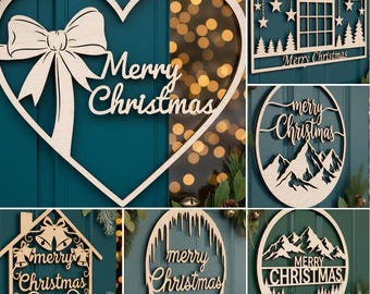 Christmas Door Hanger SVG Bundle, 6 Round Wooden Sign Laser Cut Files ...