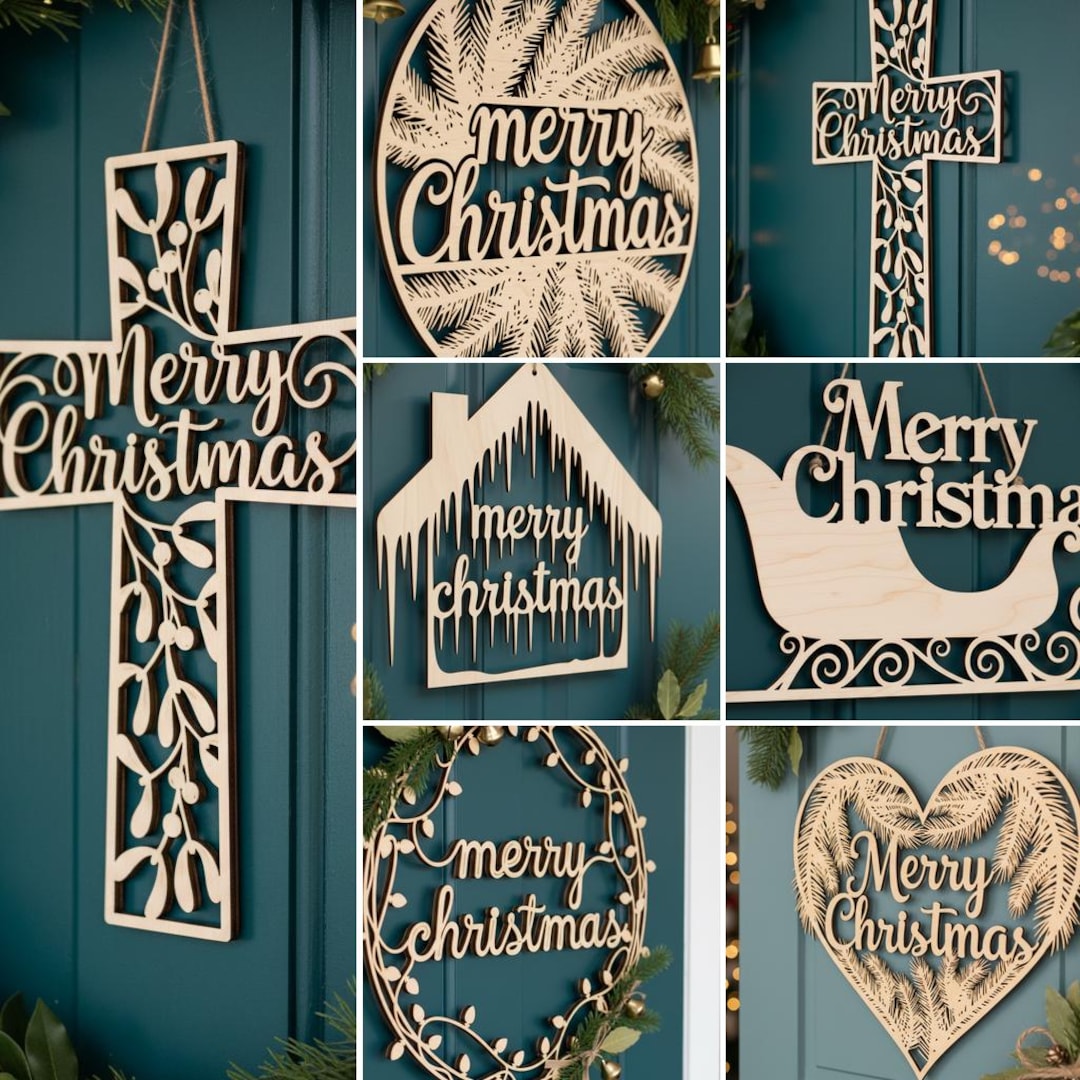 Christmas Door Hanger SVG Bundle, 6 Laser Cut Files for Round Holiday ...