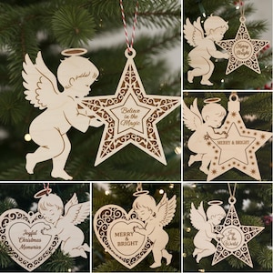 May include: Wooden Christmas ornaments featuring an angel and star or heart shapes. The ornaments have decorative cut-out designs and include text such as "Believe in the Magic," "Merry & Bright," and "Joyful Christmas Memories."