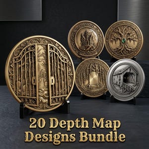Puede incluir: Una colección de cinco placas circulares en relieve con diseños intrincados que incluyen una puerta de cementerio, una casa encantada, un árbol, una lápida y un puente cubierto. El texto 20 Depth Map Designs Bundle aparece en letras doradas.