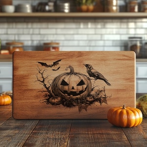Halloween Charcuterie Board Laser Engraving File, Spooky Raven and Pumpkin | Kitchen Decor, Cutting Board, Chopping Board #005