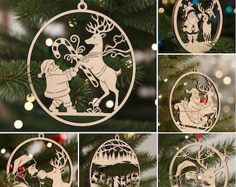 May include: Wooden Christmas ornaments with various designs. One features Santa Claus and a reindeer with a candy cane, another shows Santa and reindeer, and others depict Santa in a sleigh and Santa kissing a reindeer. Each ornament has a hanging string.