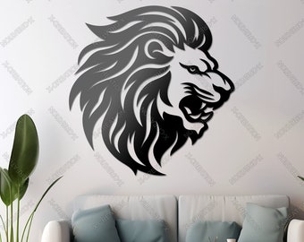 May include: A black and white silhouette of a lion's head with a mane. The lion is facing to the right and has its mouth open in a roar. The image is on a white background.