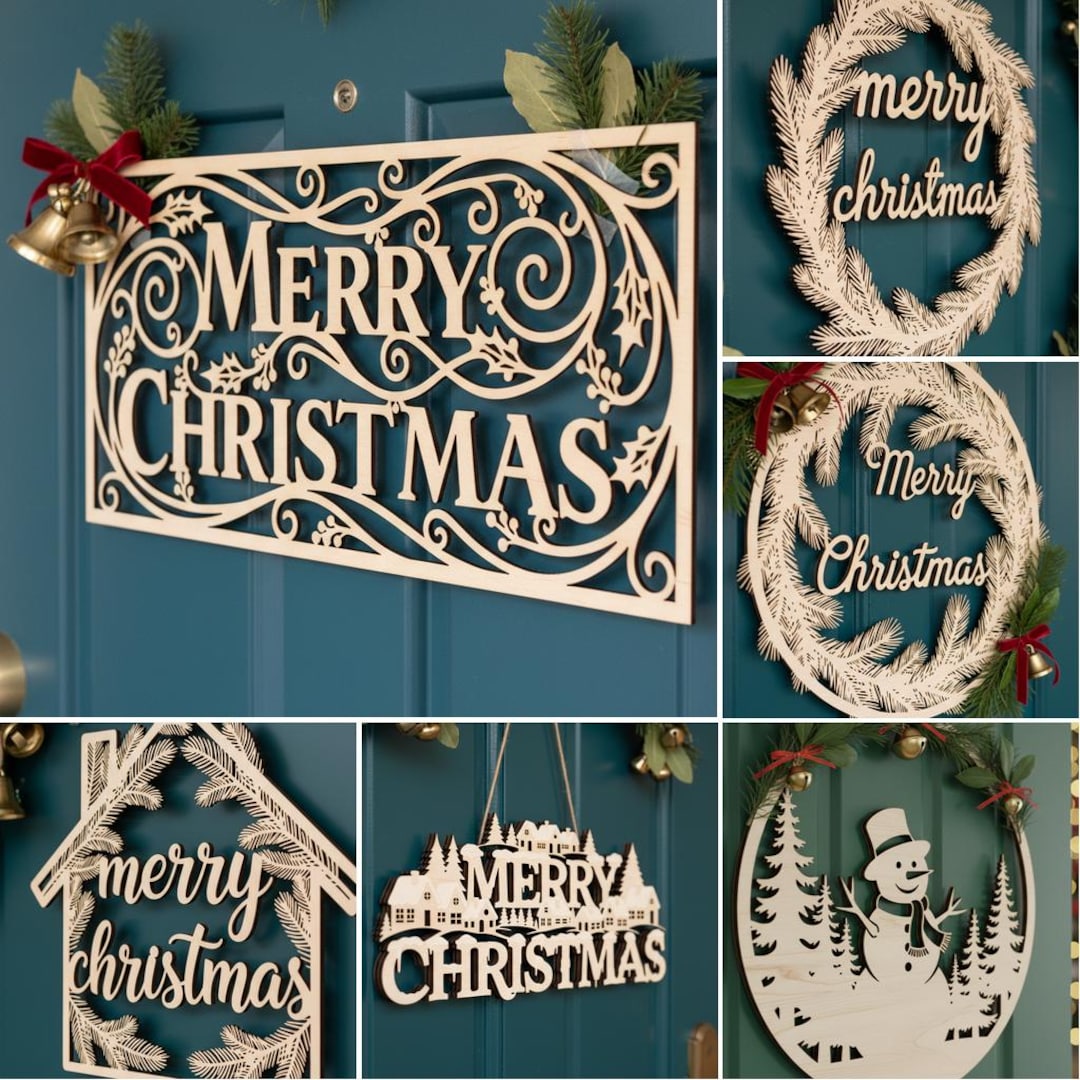 Christmas Sign SVG Bundle, 6 Door Hanger Laser Cut Files for Glowforge ...
