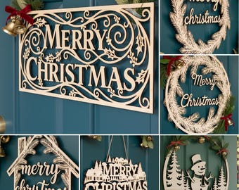 May include: A collection of wooden Christmas decorations. The image shows a rectangular sign with the words "Merry Christmas", wreaths, and house-shaped signs. The decorations are light brown and feature intricate cut-out designs.