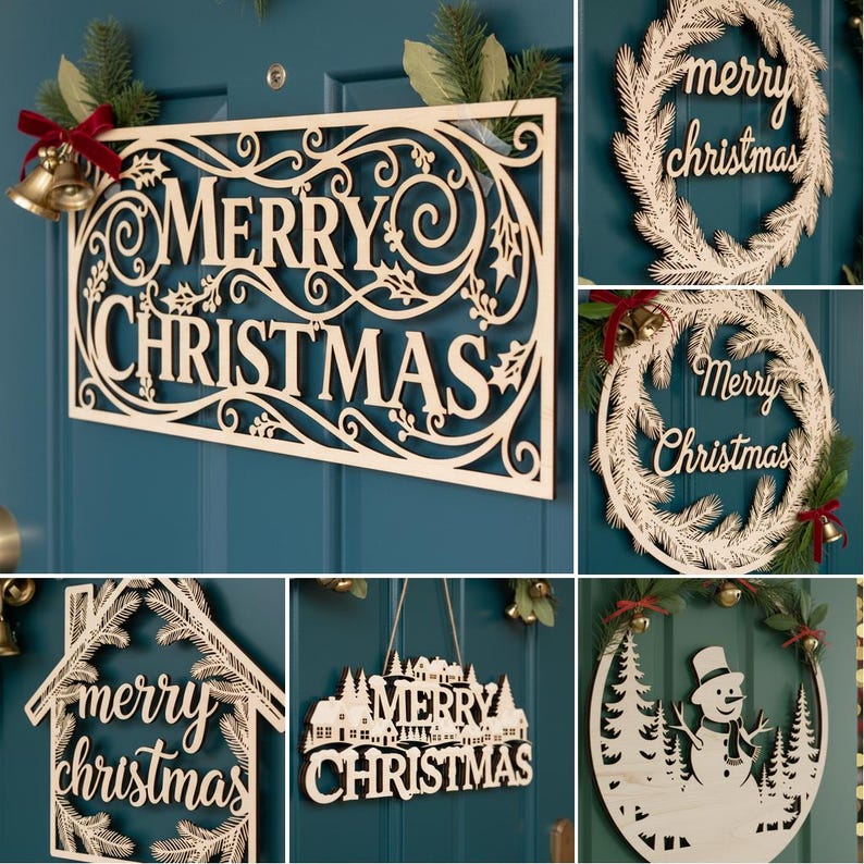 Christmas Sign SVG Bundle, 6 Door Hanger Laser Cut Files for Glowforge ...