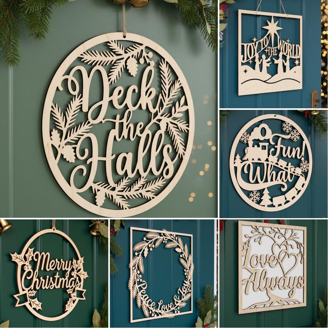 Christmas SVG Bundle Door Hanger, 6 Monogram Laser Cut Files, Christmas ...
