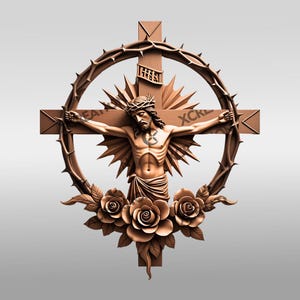 Jesus 3D Illusion Laser Engraving File, Religious Wall Art Design, Jesus on the Cross with Crown of Thorns #012