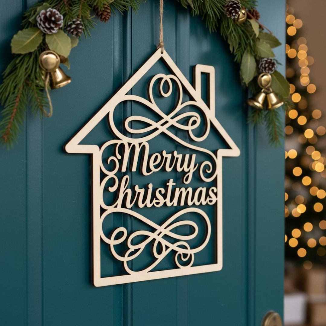 Merry Christmas Door Hanger SVG, Laser Cut File for a Holiday Door Sign ...