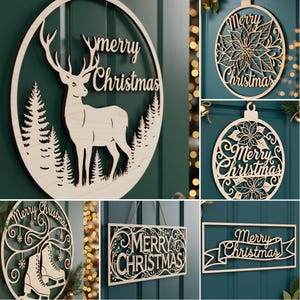 Christmas Door Hanger SVG Bundle, 6 Laser Cut Files for Round Christmas Signs, Glowforge Designs image 1