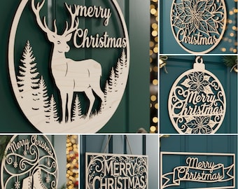 Paquete SVG de colgadores de puerta navideños, 6 archivos cortados con láser para letreros navideños redondos, Glowforge Designs