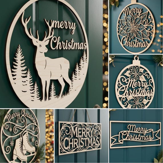 Christmas Door Hanger SVG Bundle, 6 Laser Cut Files for Round Christmas Signs, Glowforge Designs