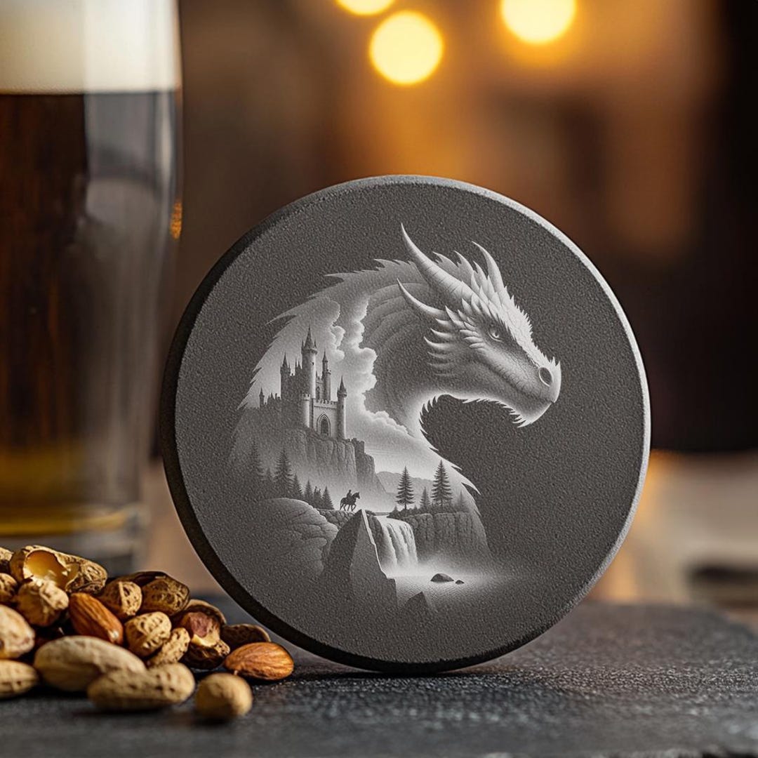 Slate Coaster Laser Engraving File, Dragon Castle Double Exposure