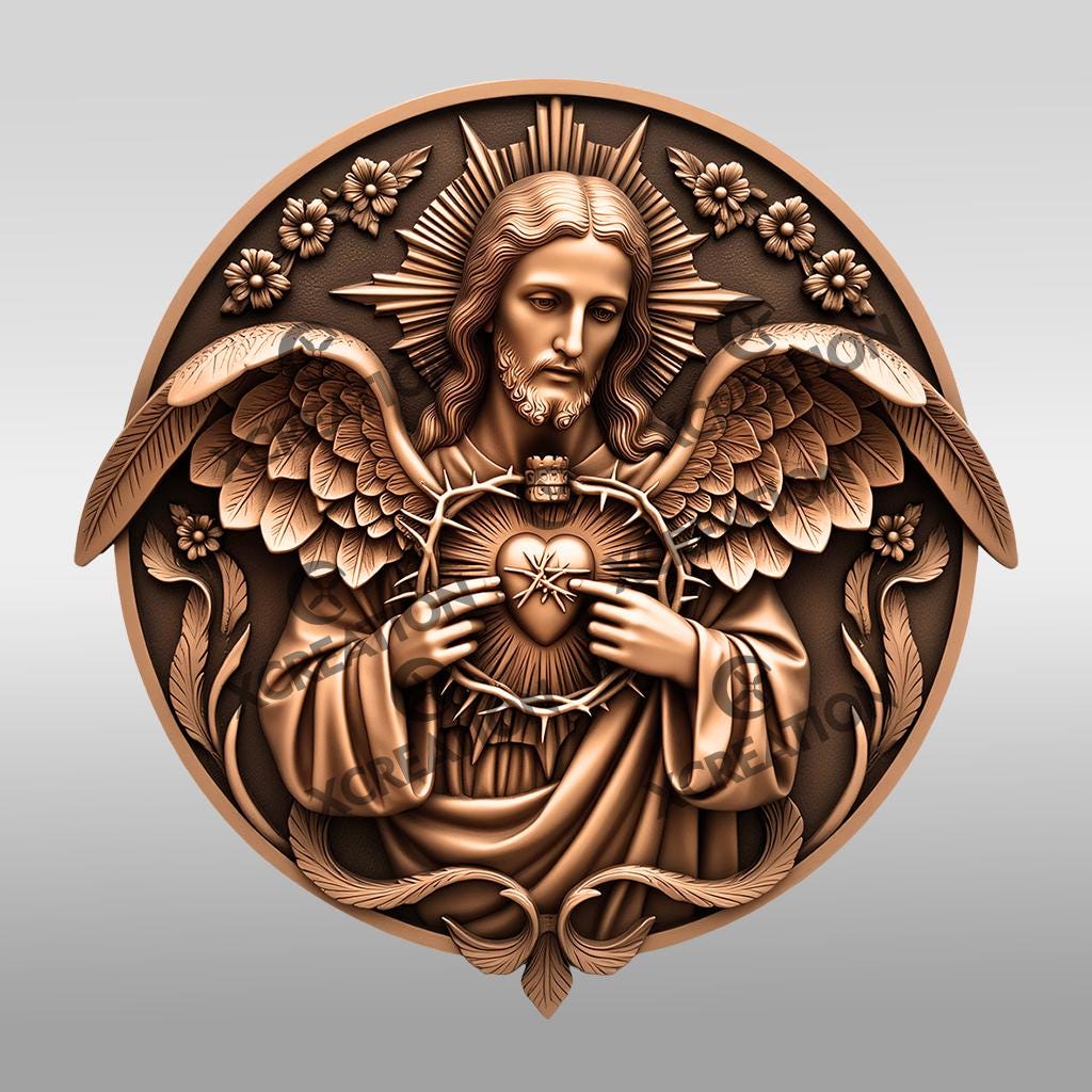Jesus 3D Illusion Laser Engraving File, Sacred Heart Angel Wings