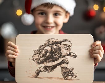 Archivo de grabado navideño de Papá Noel en patines para tabla de charcutería, decoración navideña de cocina y tabla de cortar, diseño láser para Glowforge y Lightburn.
