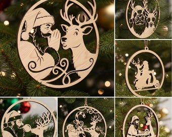 May include: A collection of wooden Christmas ornaments. Each ornament features a unique design of Santa Claus and reindeer in various scenes, including Santa whispering to a reindeer and Santa riding a scooter. The ornaments are circular with intricate cut-out details.