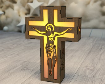 Jesús en la lámpara cruzada Portavelas Archivo de corte láser Linterna de luz nocturna Descarga digital SVG, DXF, AI