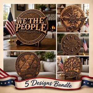 May include: A collection of five wooden commemorative plaques celebrating the USA's 250th anniversary. Each plaque features intricate carvings, patriotic themes, and the text "USA 250th Anniversary" and "1776-2026". The plaques are displayed with American flags.