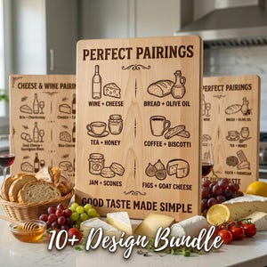 May include: A light-coloured wooden cutting board featuring the engraved text PERFECT PAIRINGS and GOOD TASTE MADE SIMPLE, with illustrations of food and drink combinations including wine, cheese, bread, olive oil, tea, honey, coffee, and biscotti.