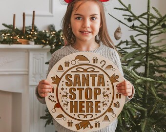 Santa Stop Here SVG Christmas Door Hanger Round Sign Laser File Digital Download for Holiday Decor