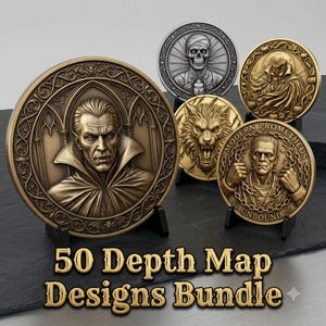Puede incluir: Una colección de cinco placas circulares en relieve con motivos detallados de monstruos, incluyendo un vampiro, una momia, un hombre lobo y una figura etiquetada como Modern Prometheus Unbound. El texto 50 Depth Map Designs Bundle aparece debajo.