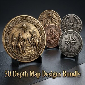 Könnte beinhalten: Eine Sammlung von fünf runden Medaillons mit geprägten religiösen Szenen, darunter die Geburt Christi und ein Engel, auf schwarzen Ständern. Der Text 50 Depth Map Designs Bundle ist in Gold am unteren Bildrand aufgedruckt.