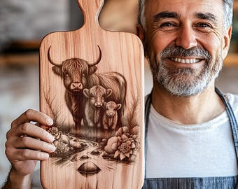 ハイランド牛のレーザー彫刻ファイル、シャルキュトリーボードとまな板